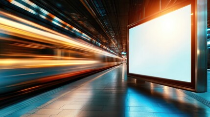 A vibrant subway station captures the motion of a speeding train and features an empty advertising display, embodying urban energy and modern transportation aesthetics.