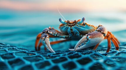 A striking crab is captured on a blue netting against a vivid water background, showcasing intricate details of its shell and vibrant colors in natural settings.