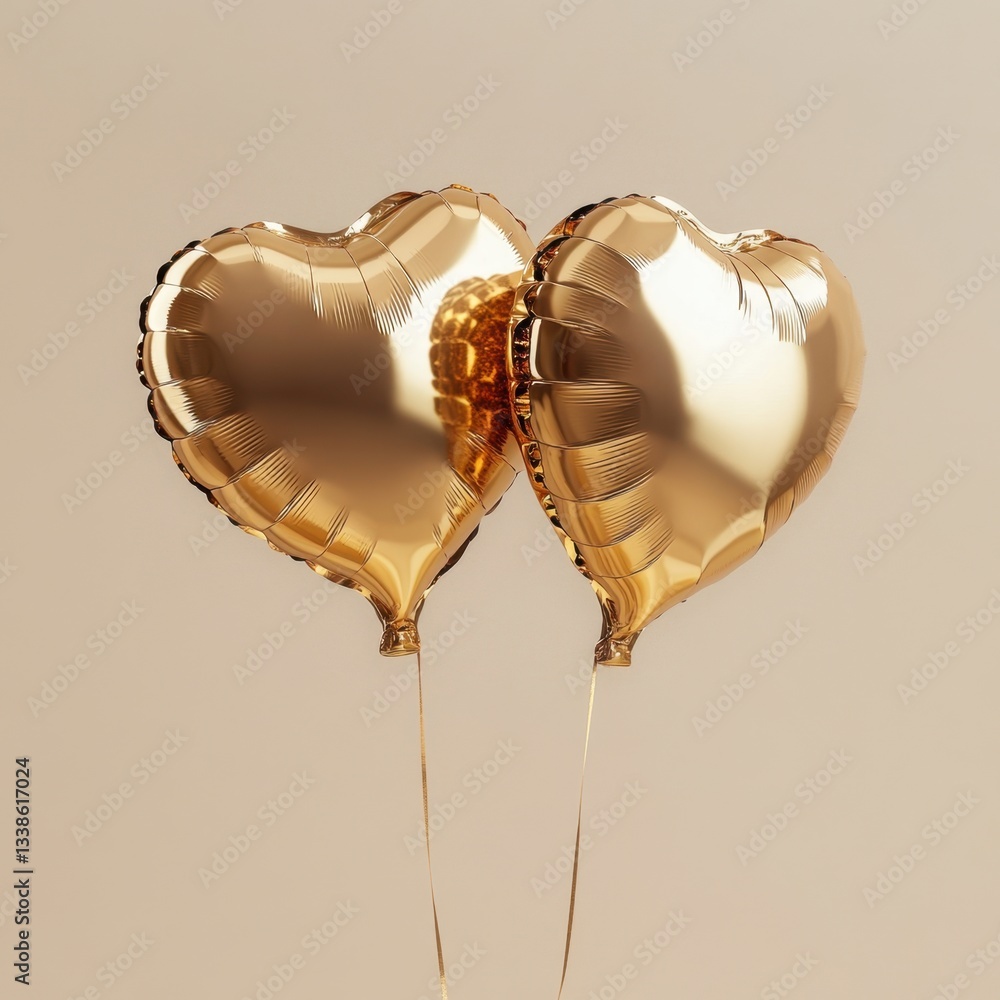 Poster golden heart shaped balloons floating against a neutral backdrop creating a romantic and festive moo