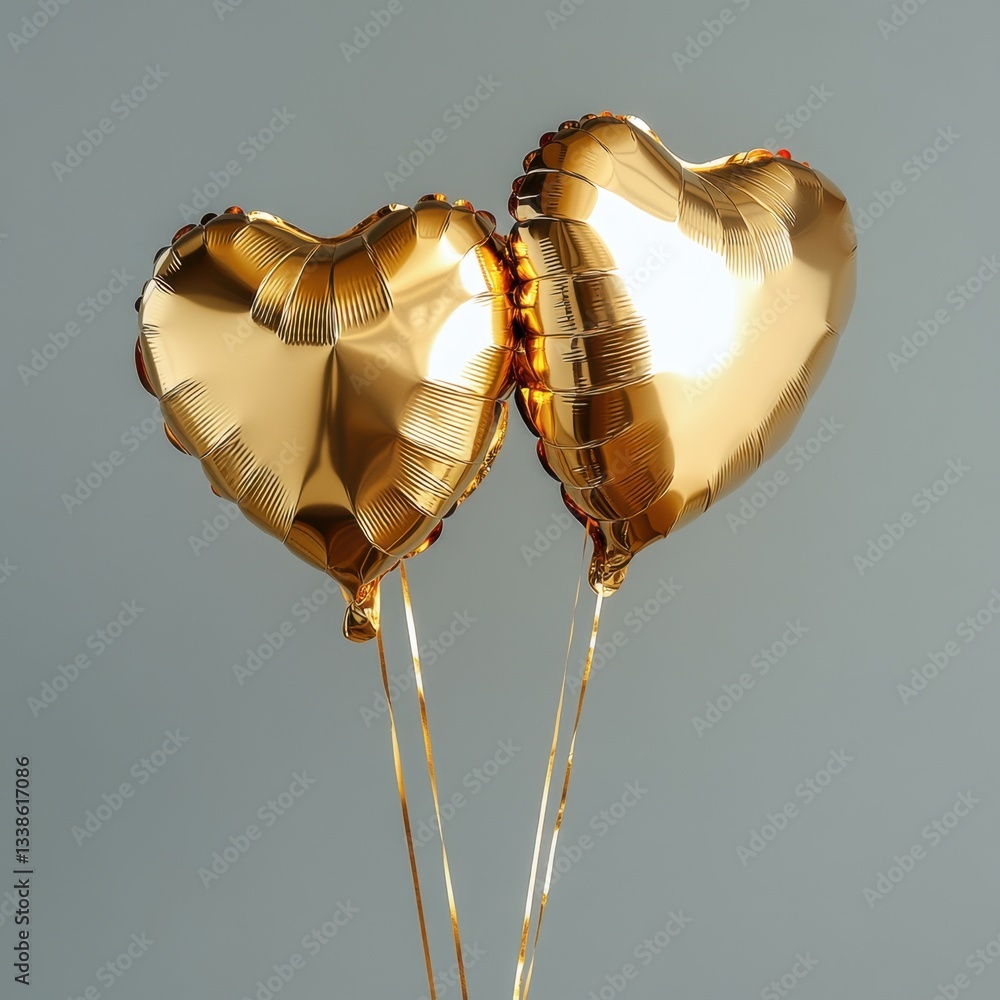 Poster golden heart balloons floating against a muted gray backdrop creating a romantic and festive atmosph