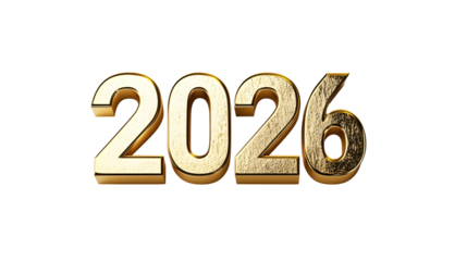 Metallic gold 3D number "2026", new year, bold and premium style, Transparent Background PNG