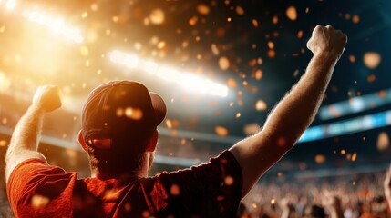 A passionate fan celebrates a thrilling moment at a sports event, surrounded by a lively crowd as confetti swirls in the air, reflecting the energy of the game.