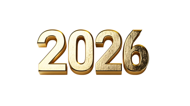 Metallic gold 3D number "2026", new year, bold and premium style, Transparent Background PNG