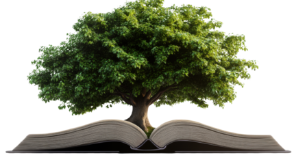lush green tree grows from the page of open book isolated on white background