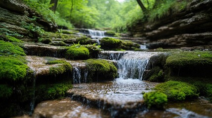 Fototapeta premium Cascading Serenity: A small waterfall meanders through a moss-covered rock formation, creating a peaceful atmosphere. 