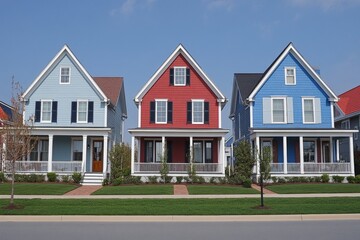 Obraz premium Colorful houses lining a suburban street in bright daylight showcase unique architectural styles and vibrant colors