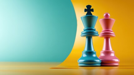 This image showcases two artistic chess pieces, one blue and one pink, against a vividly colored background, symbolizing strategy, competition, and creativity in game play.