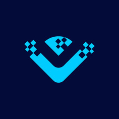 Obraz premium Abstract Blue Pixelated Letter V Logo Design