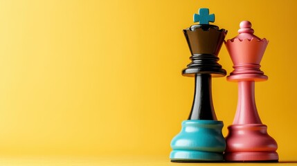 This striking image features a black king and a pink king chess piece against a vibrant yellow background, symbolizing strategy, competition, and creativity in gameplay.