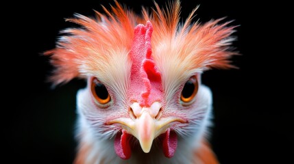 Fototapeta premium An eye-catching headshot of a colorful chicken, providing a vibrant representation of farm life while highlighting the curious and expressive nature of these charming creatures.