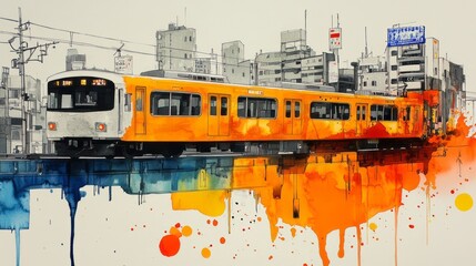 Watercolor painting depicts an orange train traveling through the city