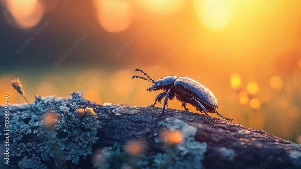 Poster a close up image of a beetle on a log