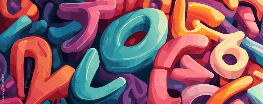 Poster vibrant abstract art with colorful interlocking letters in 3d style.