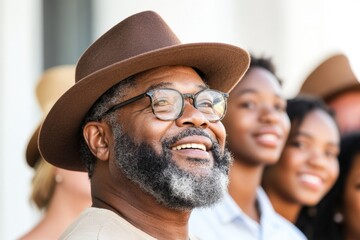 Smiling man wearing a hat enjoys a lively outdoor gathering with friends in bright sunlight