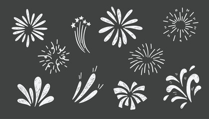 Set of hand drawn fireworks. Vector illustration. Isolated on grey background.