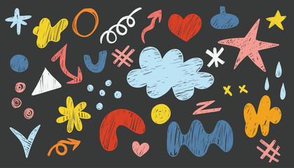 Fototapeta premium Set of hand drawn doodle elements isolated on black background. Vector illustration.