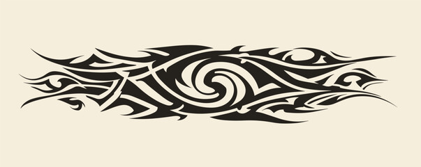 Abstract tribal tattoo design with bold swirling patterns and sharp edges.