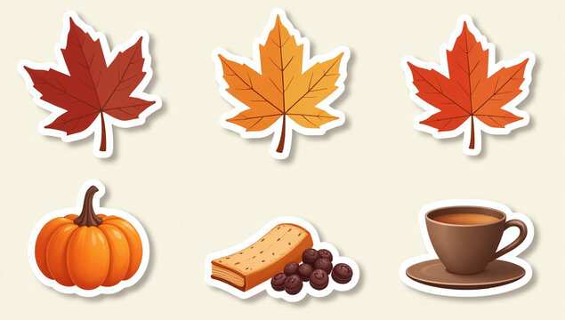 autumn card set cozy stickers warm beverage items hygge inspired vector flat design featuring autumn leaves seasonal