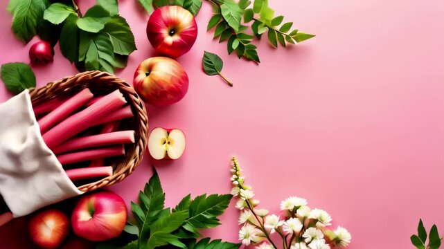 Fresh apples and rhubarb with greenery on pink background  