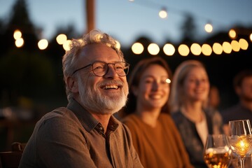 Obraz premium Joyful gathering during an evening celebration with friends under string lights
