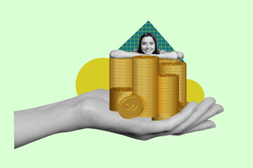 Creative sketch collage of happy girl peek dollar coin bank savings success development usd capital...