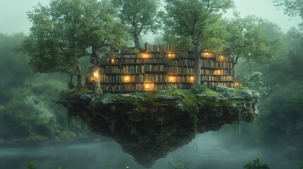 Obraz premium a fantasy floating library nestled amidst lush trees and misty surroundings. The library filled with books appears magical 