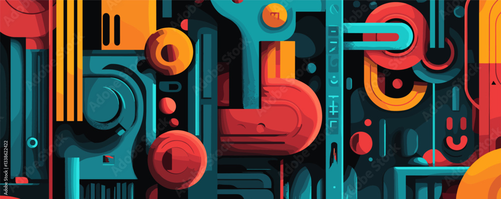 Poster futuristic geometric abstract art with vibrant circular and linear patterns in bold colors.