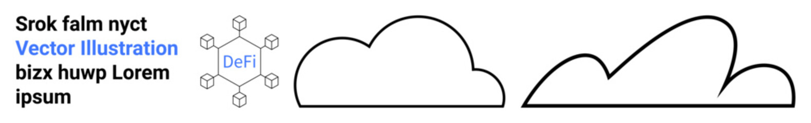 Blockchain diagram connected to decentralized finance node with two minimalist cloud outlines. Ideal for finance, technology, blockchain, decentralized systems, cloud computing, fintech, simple