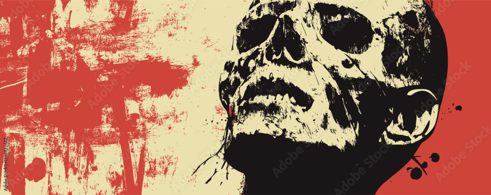 Aufkleber gritty grungy skull art with abstract patterns and bold contrast in red and yellow.