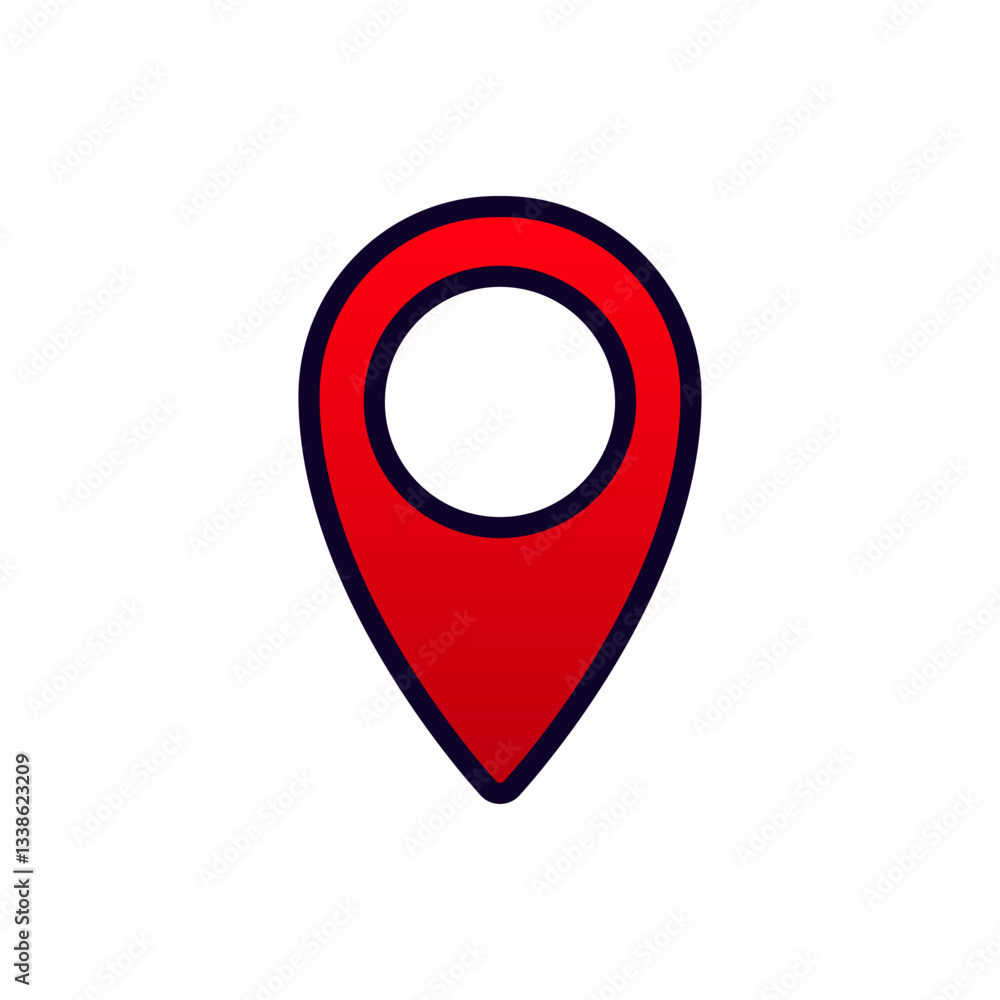 Poster a red map pin with a circular cutout used to pinpoint locations or destinations on digital maps.