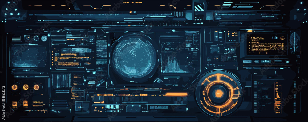 Poster high-tech futuristic control panel with interactive digital displays and data visualizations.