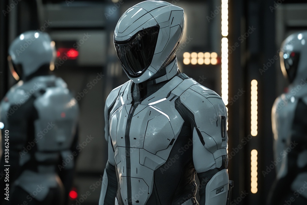 Poster futuristic figures in sleek, high-tech suits prepare for a mission in a modern laboratory setting