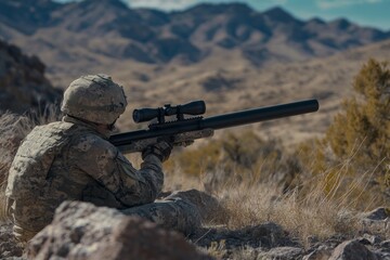 Fototapeta premium Soldier aims sniper rifle from elevated position in rugged terrain during military training exercise