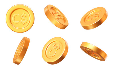3d set of golden Canadian dollar coins with different angles. Stock vector illustration on isolated background.