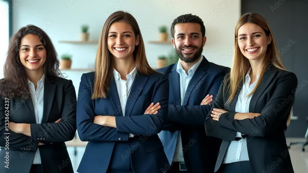 Aufkleber a diverse group of four professionals in stylish business attire stands smiling in a modern office, 