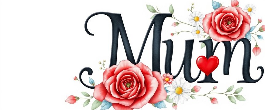 Liebevolle Gru&szlig;karte mit dem Wort "Mum", umgeben von rosa Rosen und einem roten Herz. Ideal f&uuml;r Muttertagsgeschenke und herzliche Botschaften