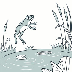 Leaping Frog Pond Illustration:  Cute Blue-Green Line Art.