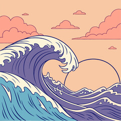 Pastel Ocean Wave: Japanese-Style Sunset Wave Illustration - High-Resolution Vector Graphic.