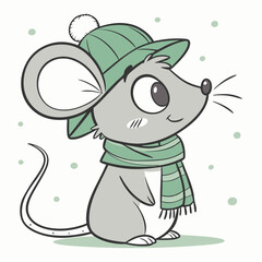 Cute Winter Mouse Illustration - Sage Green Hat & Scarf - Childrens Book Design.