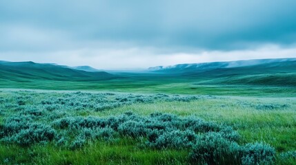 Expansive Green Landscape under Cloudy Sky: A sprawling vista of verdant green fields and hills unfolds beneath a dramatic, overcast sky. Capturing a sense of vastness and serenity