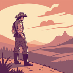 Cowboy Sunset Landscape:  Silhouette Vector Art -  Warm Tones.