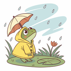Cute Frog in Raincoat -  Spring Rain Cartoon Illustration -  Whimsical Childrens Book Art.