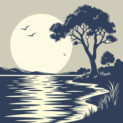 Peaceful Lakeside Sunset: Silhouette Tree, Calm Water, Moon.