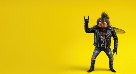 Punk rock insect with mohawk and leather jacket on vibrant yellow background