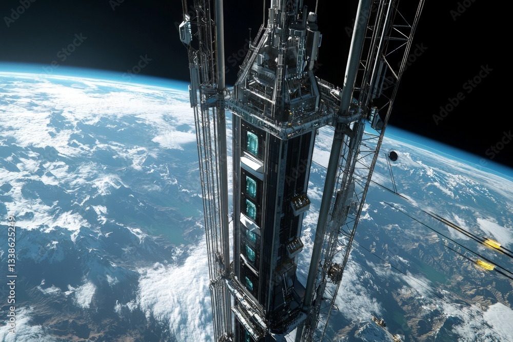 Aufkleber Futuristic space elevator structure viewed from orbit above Earth during daytime showcasing advanced engineering and design