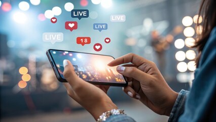 A person watches a live concert on a smartphone, engaged with social media reactions like hearts and comments, in a vibrant and dynamic environment.