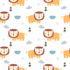 Lion cartoon so cute. On swamp cloud tree white background. Pattern seamless vector illustration. 