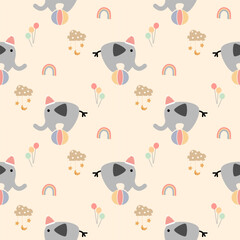 Elephant play ball cartoon so cute. On rainbow balloon cloud star background. Pattern seamless vector illustration. 