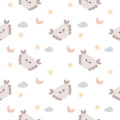 Crab in the sky cartoon so cute. On star cloud moon white background. Pattern seamless vector illustration. 