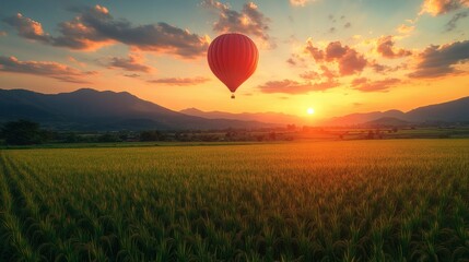 Obraz premium a hot air balloon floats gracefully at sunset over a vibrant green field, mountains in the background. The balloon is red, and the sky is filled with warm colors.
